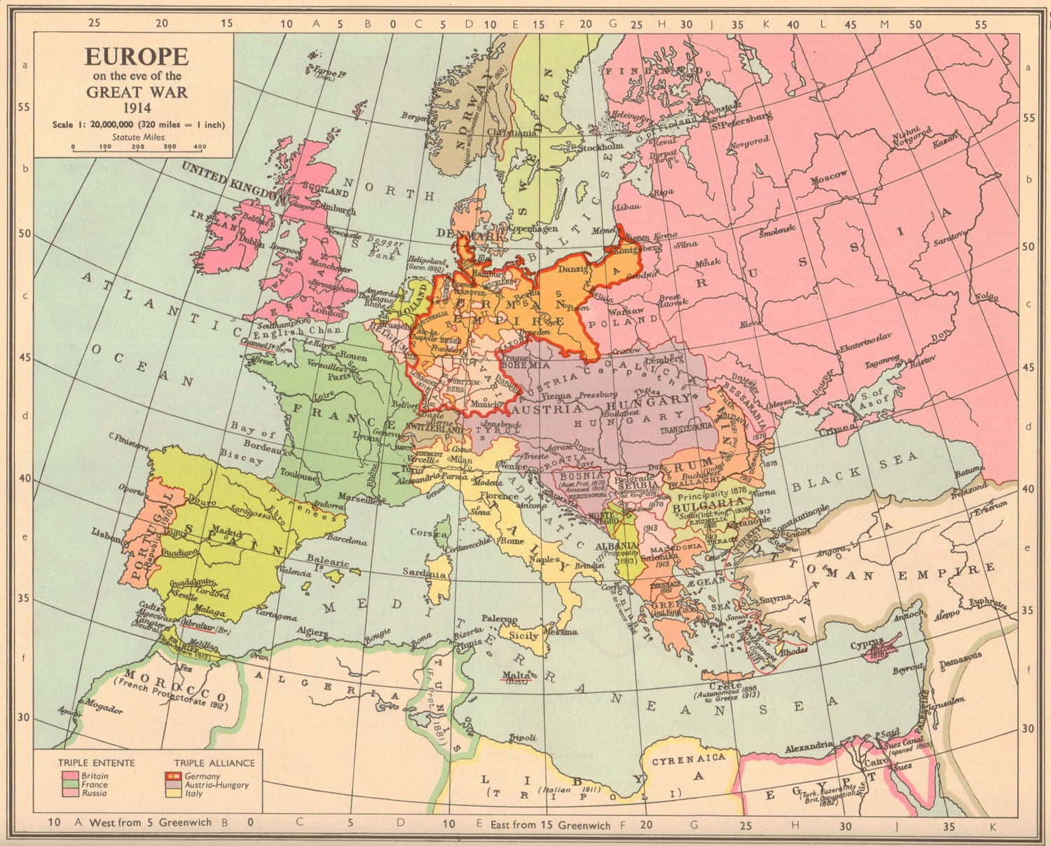 Vintage Map. Europe During the Great War 1914. In by GraceArchives