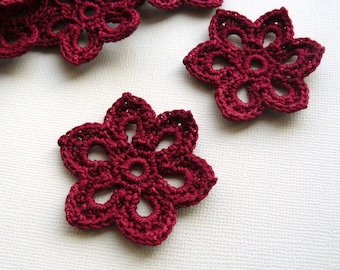 5 Crochet Flower Appliques -- 2 inch Diameter, in Burgundy