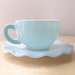 turquoise blue cup and saucer set, hazel atlas, crinoline pattern, vintage ruffles