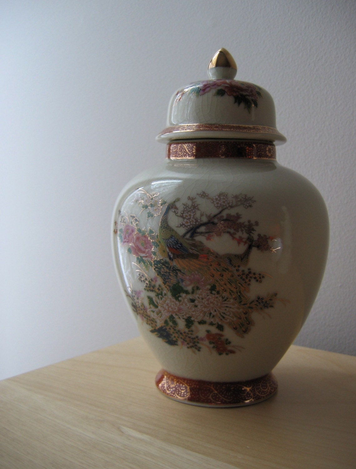 Vintage Satsuma Ginger Jar/Urn and Lid with Peacocks and