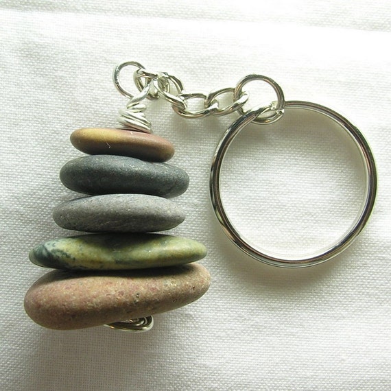 Maine Beach Stone Cairn Rock Keychain Keyring