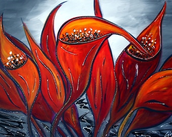 Original Oil Flowers HUGE Painting on Canvas by Luiza Vizoli RED Calla Lilies 64x36