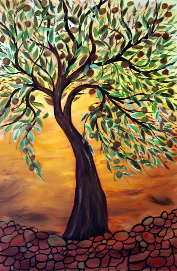 OLIVE TREE at SUNSET 24X36 ORIGINAL OIL PAINTING on Stretched