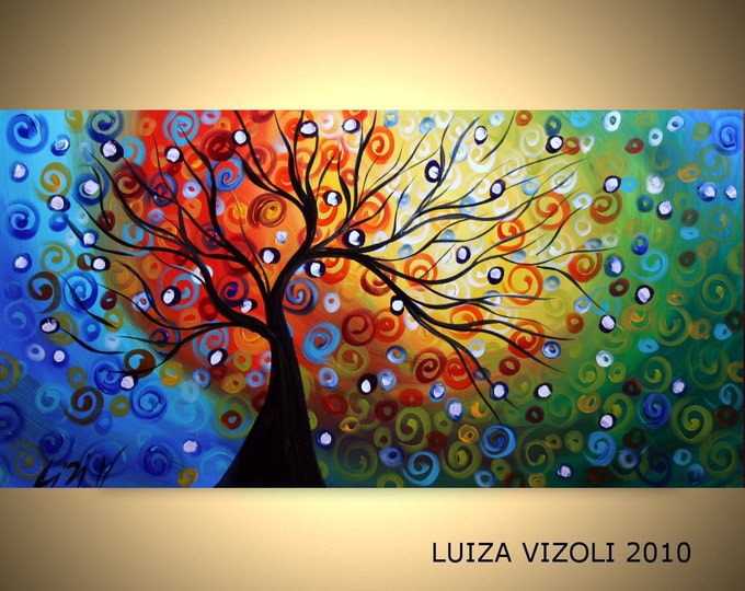 SEASONS 72x36 Original Modern Abstract Whimsical Fantasy Landscape Tree Oil Painting Large Canvas by Luiza Vizoli