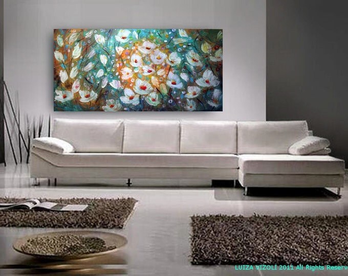 FLOWERS MOONLIGHT 72x36 Original Modern Impressionist Palette Impasto Large Painting by Luiza Vizoli