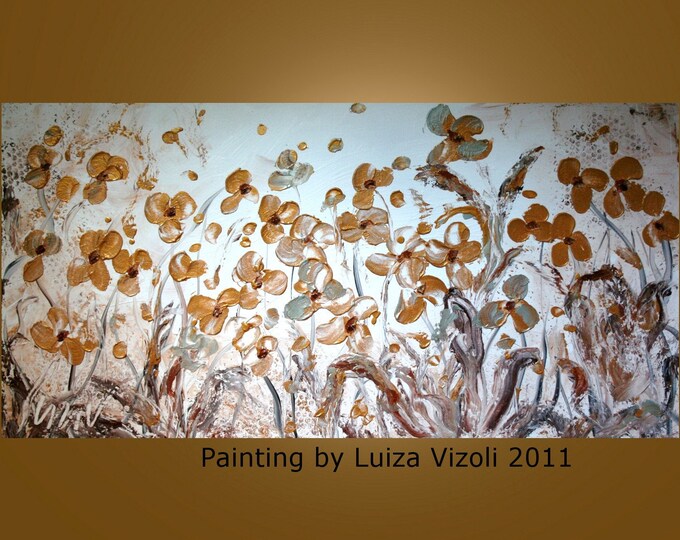 Modern Abstract 72x36 Large Textured Palette Knife Impasto Flowers Painting White and Gold by Luiza Vizoli