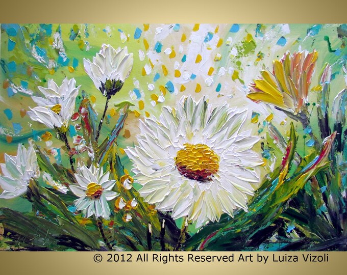 CHAMOMILE FLOWERS 60x36 Original Modern Textured Palette Impasto Oil Painting by Luiza Vizoli