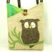 Owl Shoulder Bag Linen Natural Color Brown and Green Owl Applique Adjustable Leather Strap Upcycled Eco Friendly Height 10"