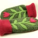 Wool Mittens with Flower Applique in Green and Pink Fleece Lining Leather Palm Up Cycled Eco Friendly Size M