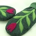 Mittens Wool Recycled Wool Mittens with Flower Applique in Green and Pink Fleece Lining Leather Palm Up Cycled Eco Friendly