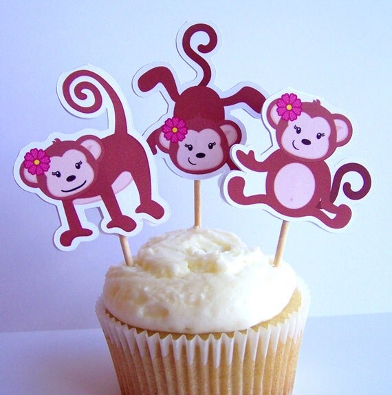 Monkey Birthday Party - Set of 24 Monkey Girl Trio Cupcake Toppers by The Birthday House Il_570xn