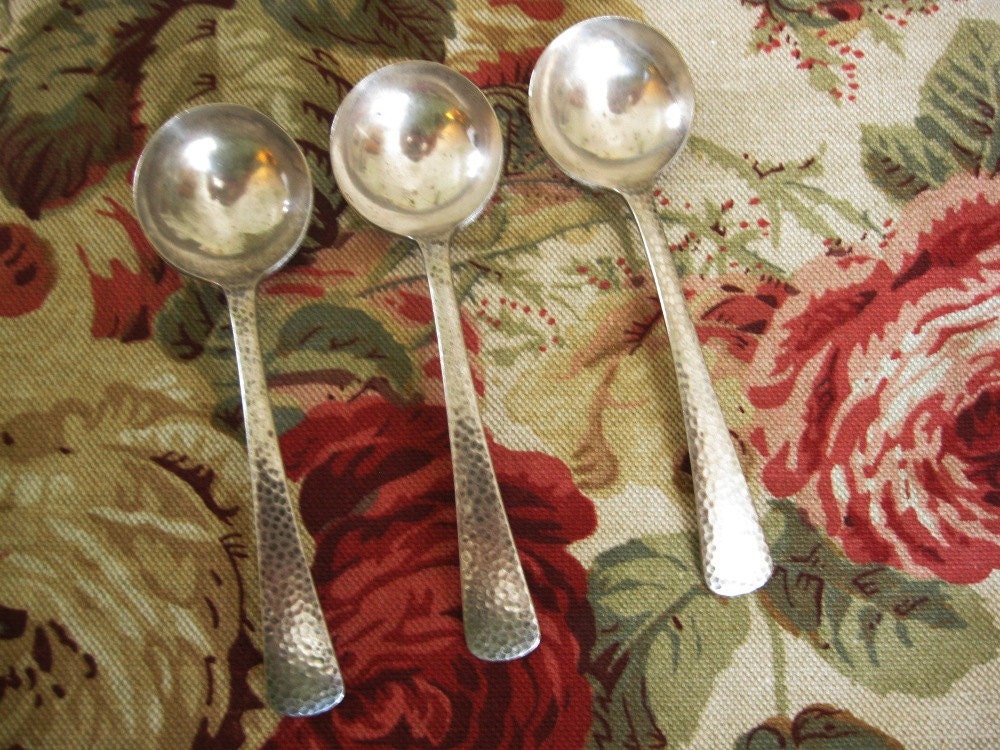 3 Vintage Hammered EPNS Soup Spoons Electroplated Nickel