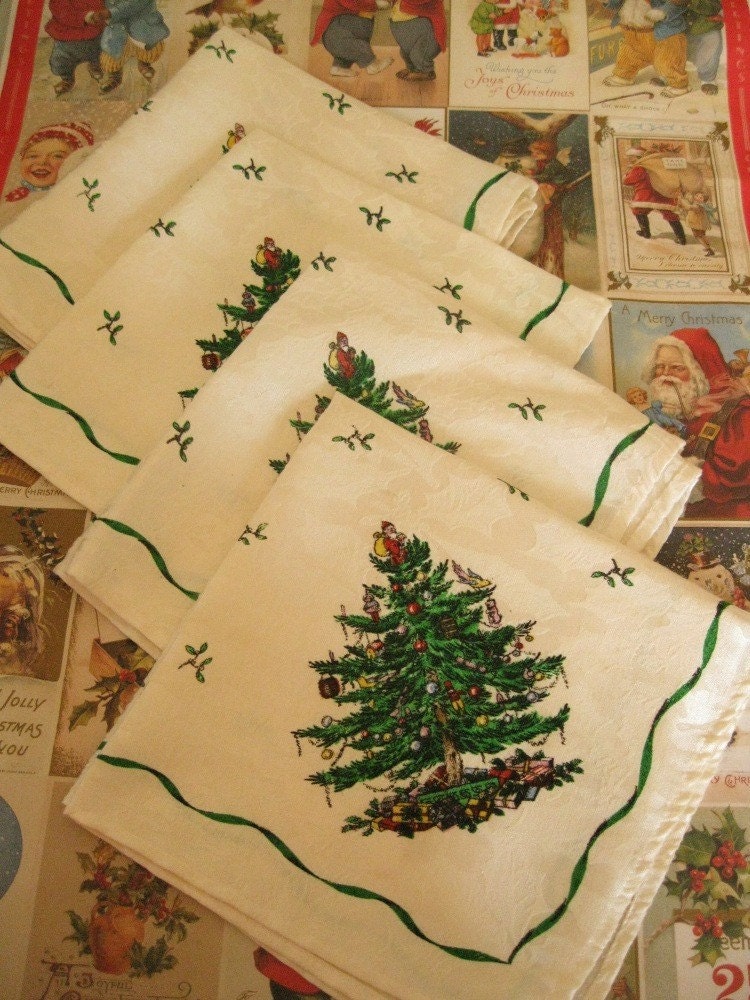 4 Vintage Spode Christmas Tree Napkins Large Size by FindMeAMemory