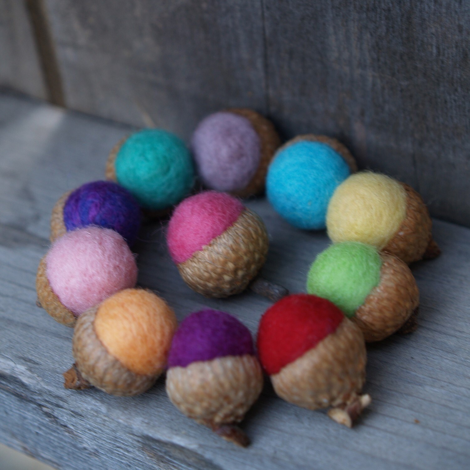 Needle Felted Acorns 10 Wool Home Decor Candy Rainbow by Fairyfolk