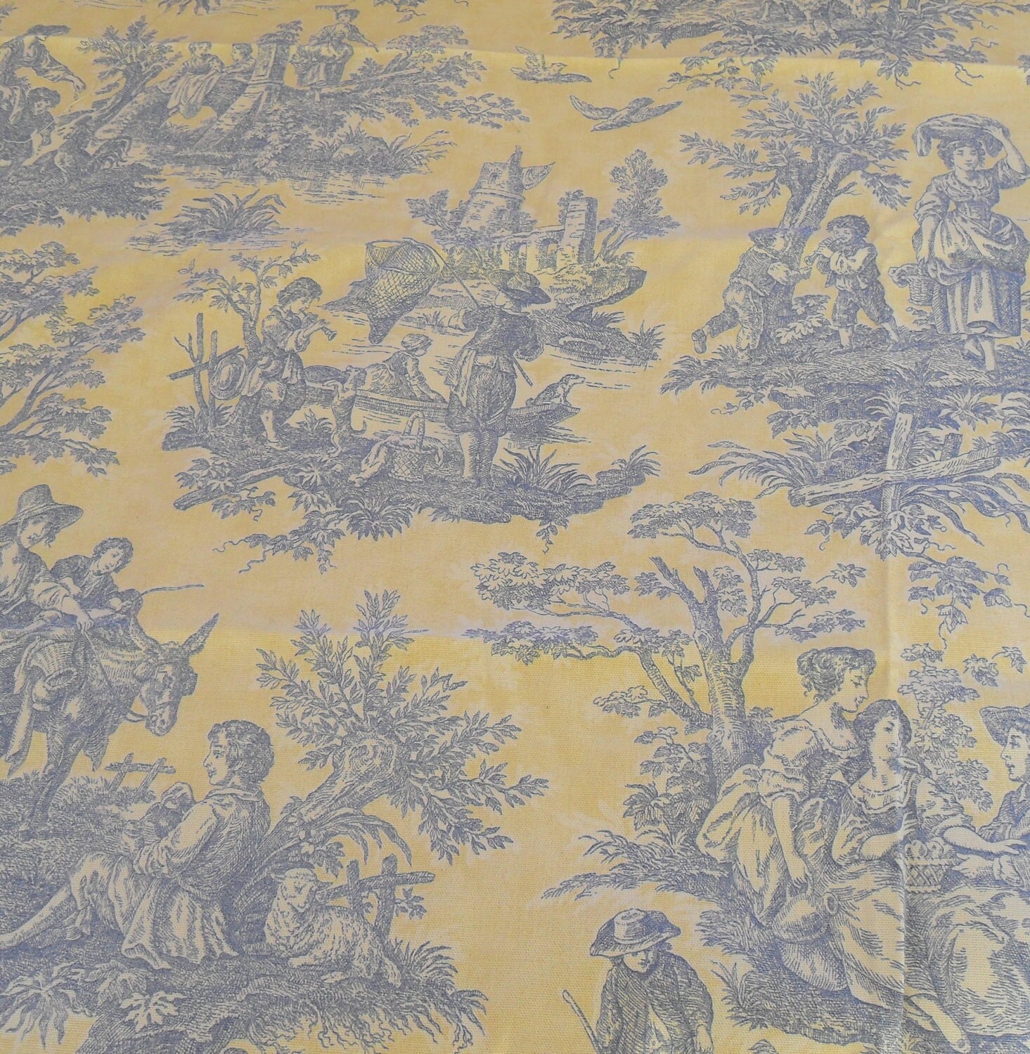 Country Life Lake Blue Yellow Toile 1plus yard Vintage Fabric