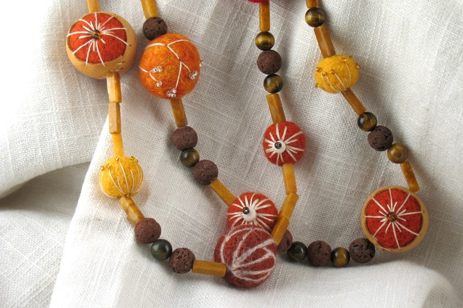 Felt Bead Necklace Gemstone Double Strand