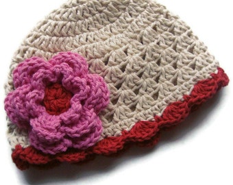 Bonnet Au Crochet Rose Pour Nouveau-né Fille - Accessoire Photo 0-3 Mois, 100% Laine