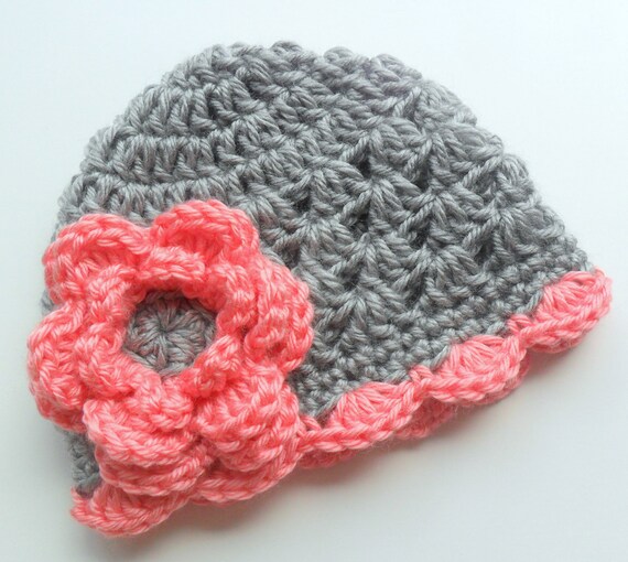 Crochet Baby Hat Gray and Strawberry Pink Scalloped