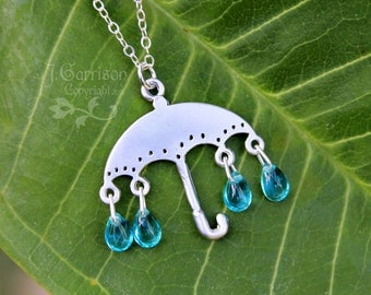Rainy Day Necklace - Silver umbrella with aqua glass raindrops - rain shower in silver & blue - free shipping USA