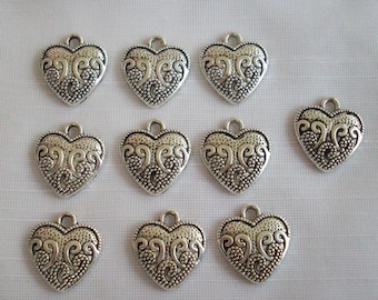 Heart With Scrolls charms- ten charms- antique silver charms