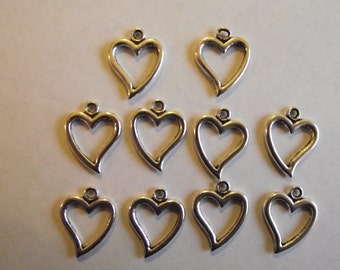 Heart outline charms- ten charms- antique silver charms