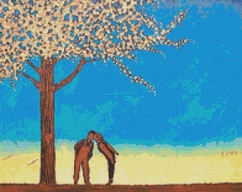 Modern Cross Stitch Kit By Robert Bretz 'Girl Kissing Boy Under The Cherry Tree'