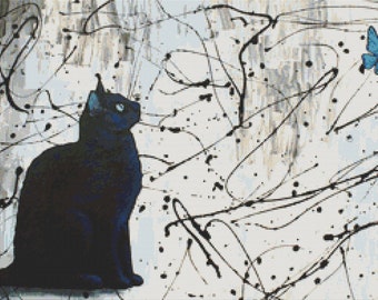Contemporary Modern Cross Stitch Kit 'Hypnotized' By Robert Bretz - Cat Cross Stitch - Black Cat Art
