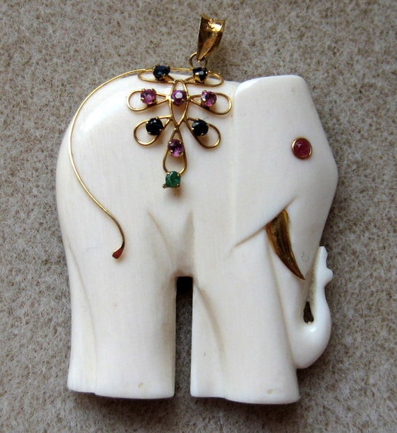 Genuine Ivory Pendant of Elephant W/14 Gold and jewels