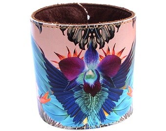 Leather cuff / wallet wristband - Tropical jungle and parrot