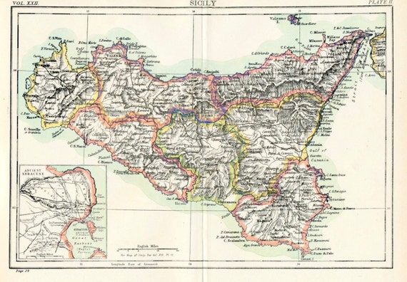 1890s Antique Map of Sicily Italy