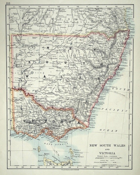 1914 Antique Map of New South Wales and Victoria Australia