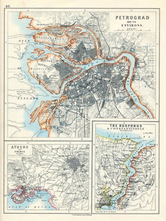 1914 Vintage Map Of Petrograd Saint Petersburg Athens And   Il 570xN.344292603 