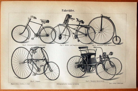 1895 Antique German Engraving of Bicycles