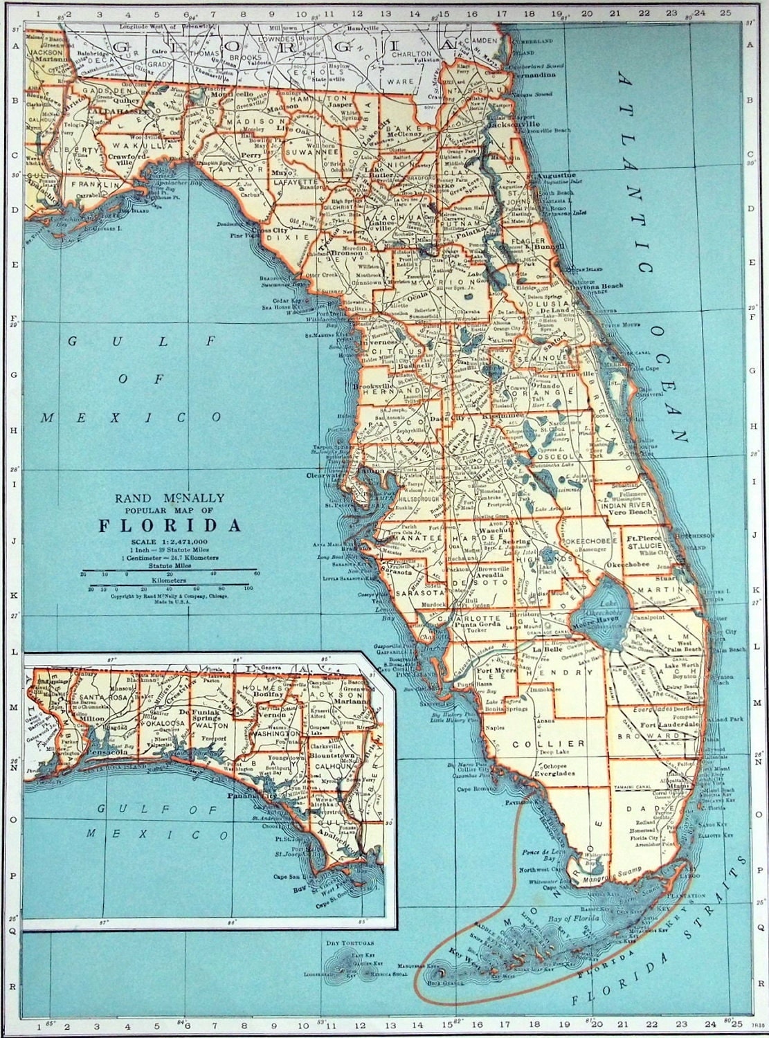 1937 Vintage Map of Florida Florida Vintage Map