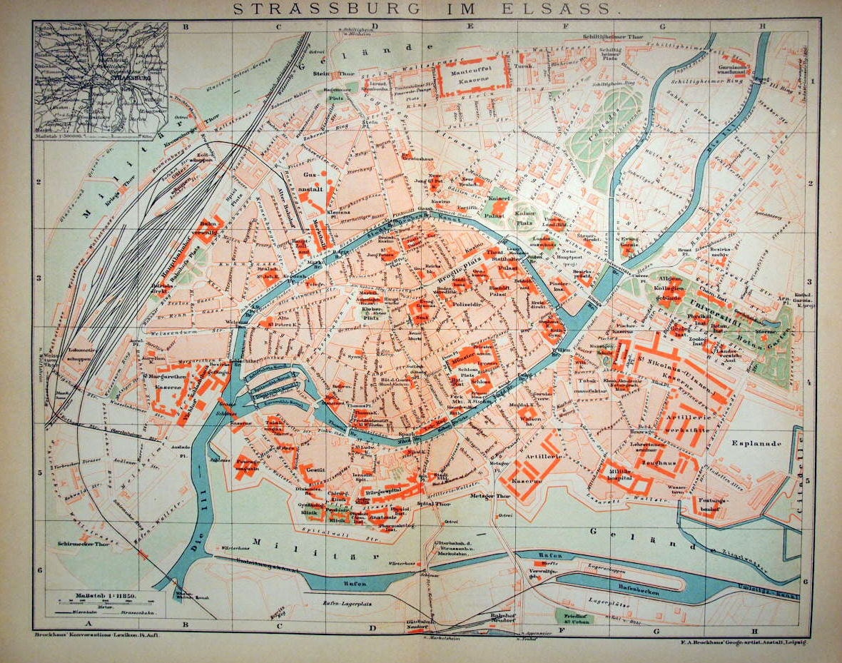 1895 German Antique City Map of Strasbourg France