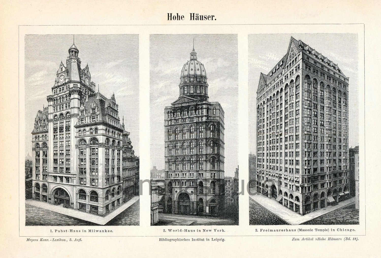 1895 German Antique Engraving of Early Skyscrapers