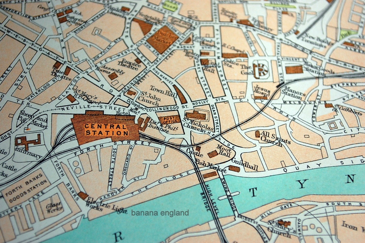 1898 Large Antique Town Map of Newcastle and Hull the UK