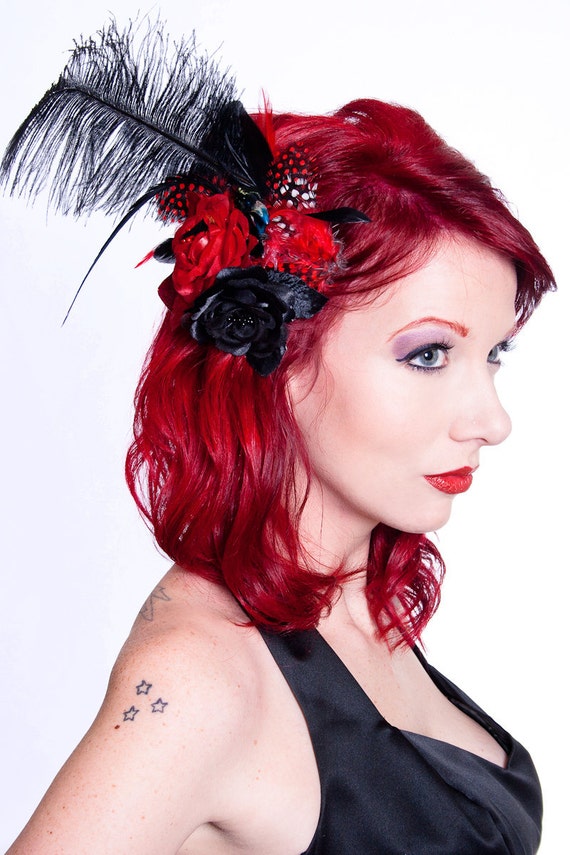 Feather Hair Piece Gothic Red and Black Feather Hair