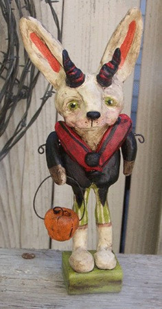 Folk Art Vintage Nostalgic Halloween Wicked Bunny by TheClayGarden