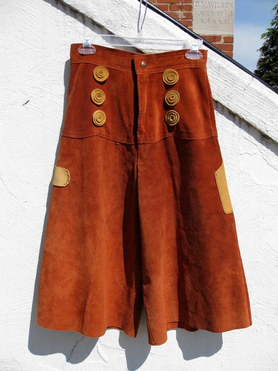 Suede Leather Rust Gaucho Wide Leg Pants with Mustard Faux