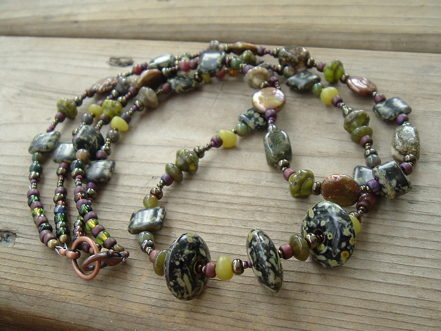 Earthy Bohemian Necklace Gemstone Multi Strand Green Tones