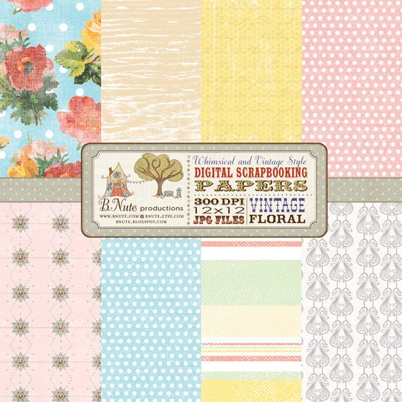 Items similar to Vintage Floral Digital Scrapbook Paper Pack on Etsy