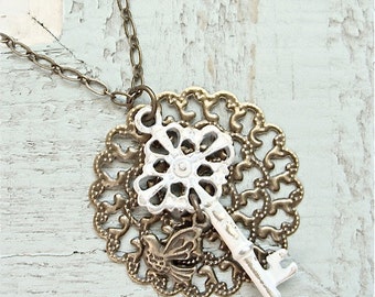 Rustic filigree key charm necklace. Antiqued shabby chic style. Jewelry by Sweet And Simple. Christmas gift. Stocking stufferl