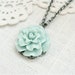 Pale Mint Green Ruffled Rose Necklace. Antique silver chain.