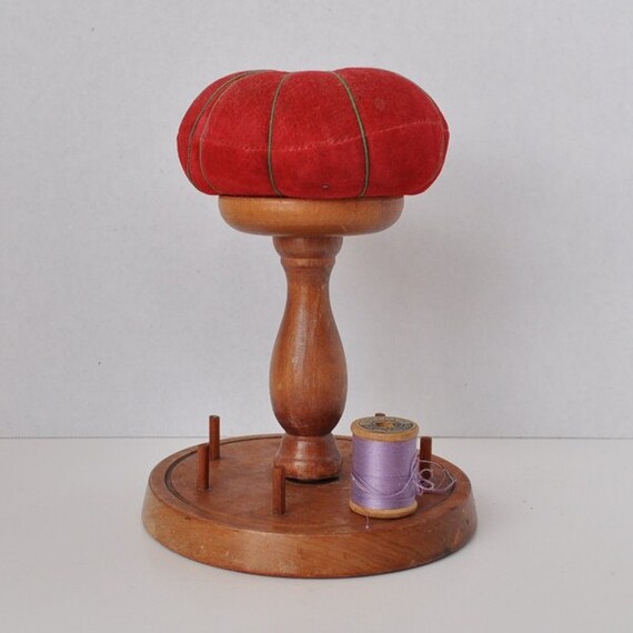 Wooden Sewing Pin Cushion Stand & Spool Holder