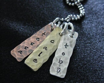 Handstamped jewelry--Personalized mommy necklace--Name necklace--Sterling silver, copper and brass hammered tags--The Tessa Necklace