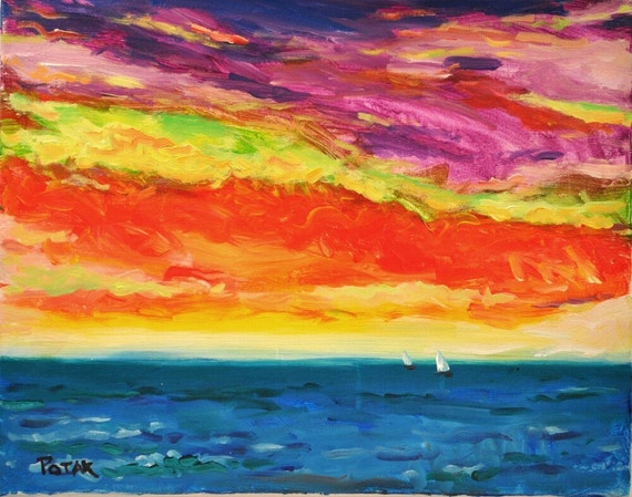 Expressionist Painting of seascape with sunset and sailboats