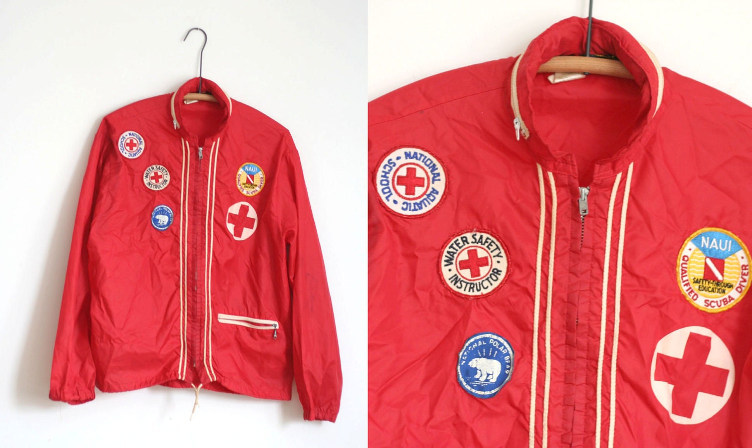 60s Red Scuba Lifeguard Windbreaker Jacket Vintage S M Autumn