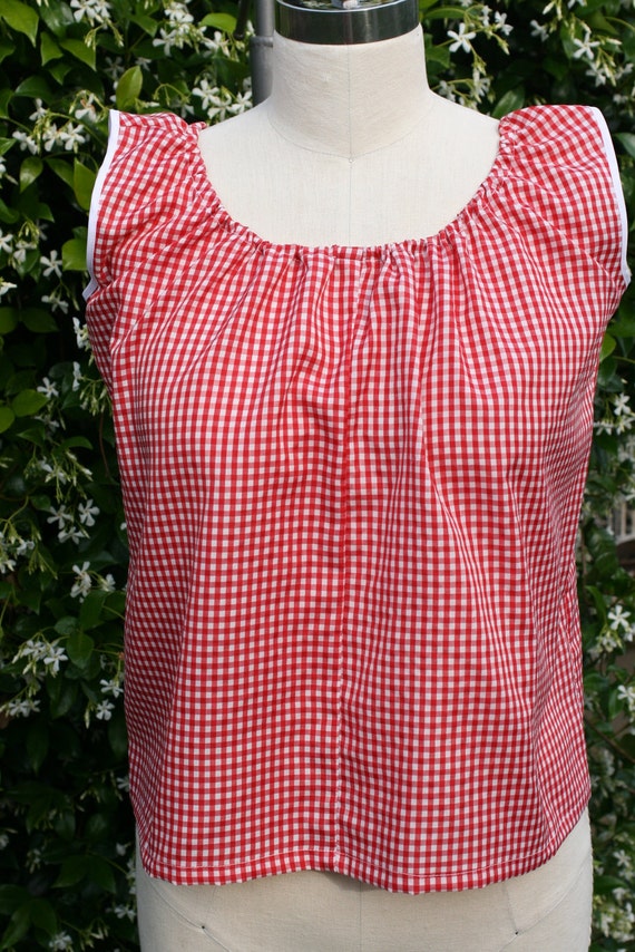 Red Gingham Check Peasant Blouse