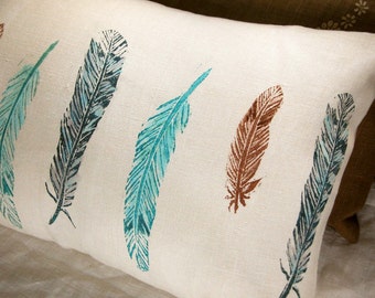 wild bird feathers hand block printed rustic spring home decor decorative linen pillow case